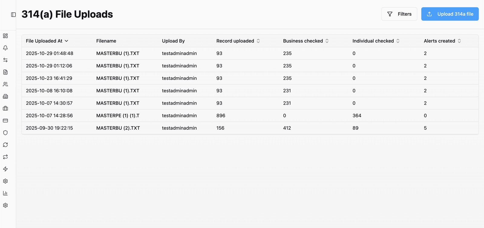 314(a) file uploads — batch screening with records checked and alerts created.
