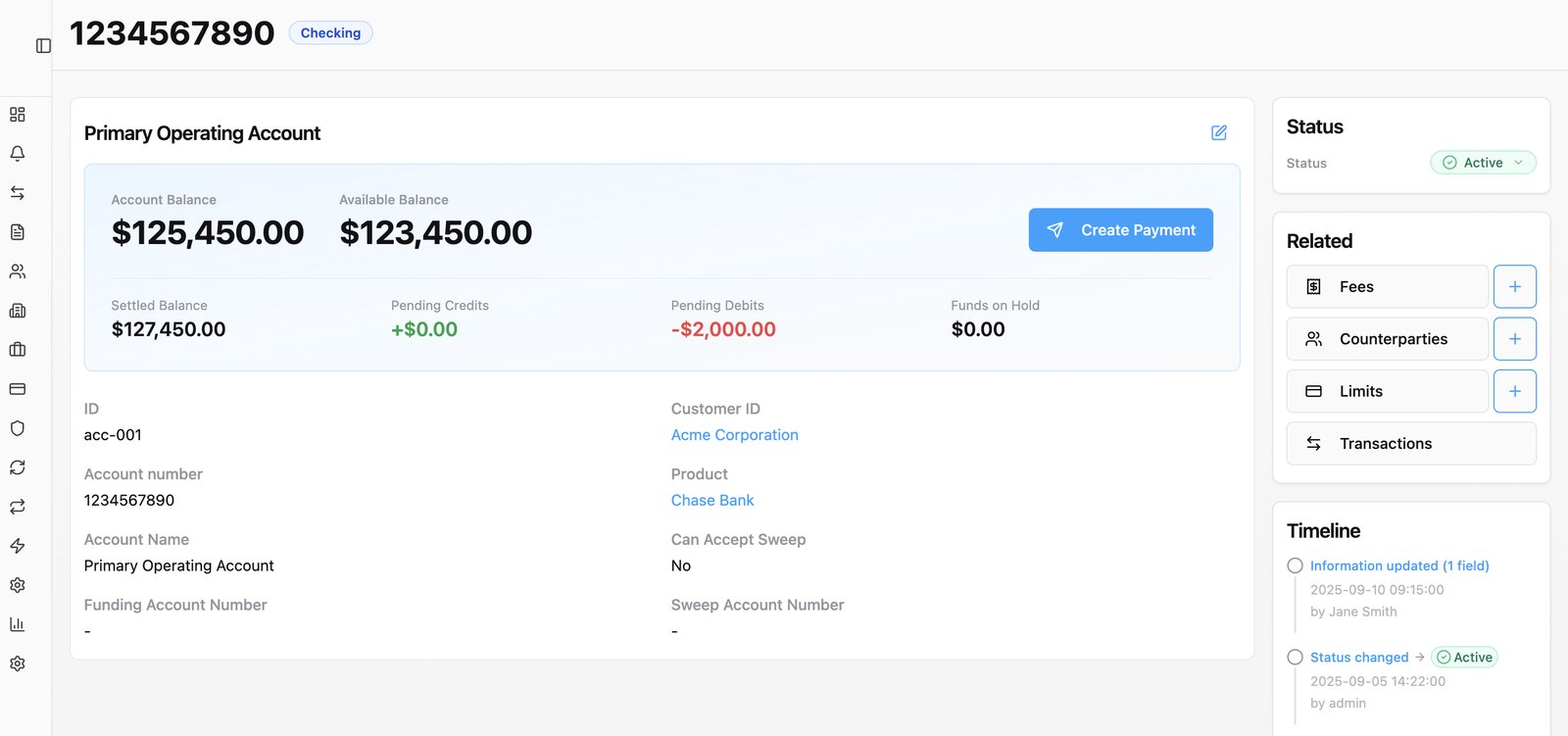 Account detail — balances, pending activity, holds, and audit timeline (demo data).