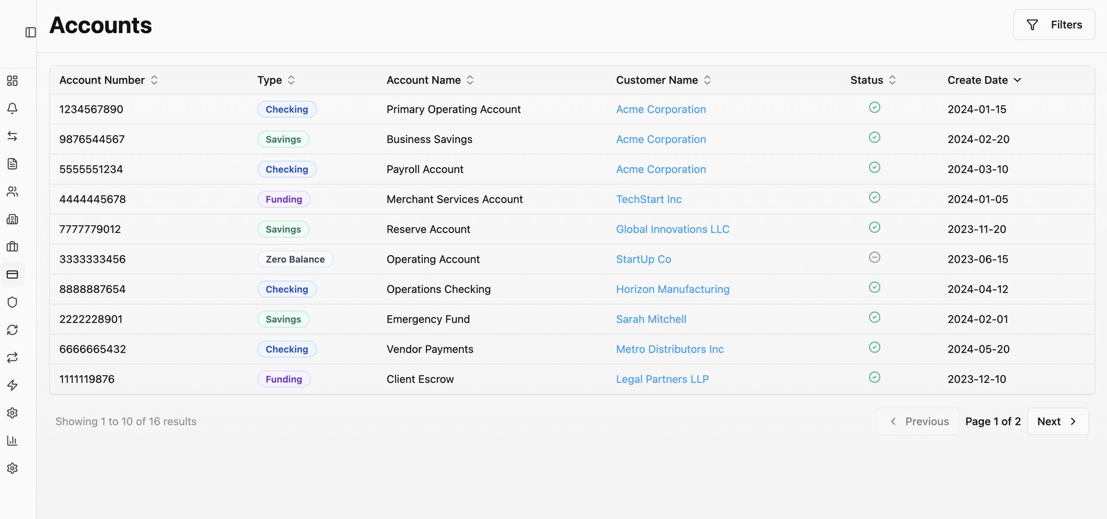 The Accounts module — types, ownership, and status across the whole book (demo data).