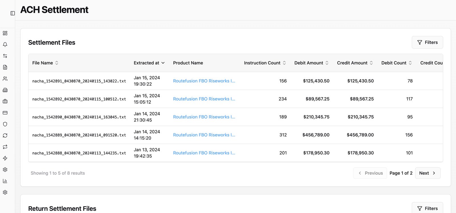 ACH settlement files with reconciled debit and credit totals.
