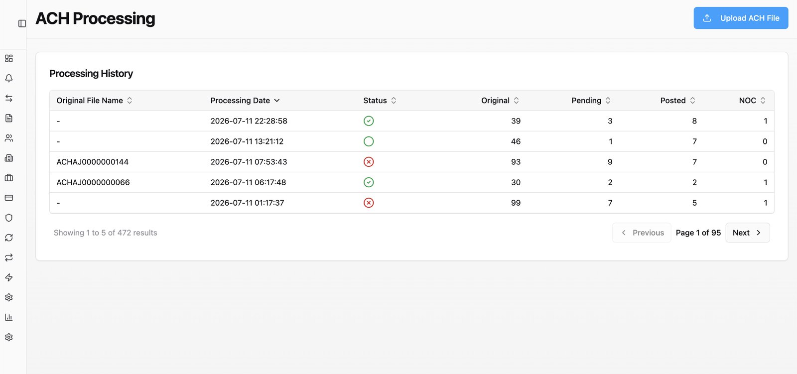 ACH processing — file uploads with pending, posted, and NOC counts.