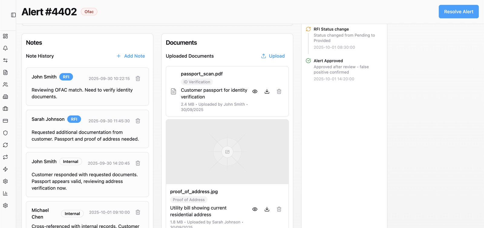 Alert investigation — notes, RFIs, documents, and resolution timeline.