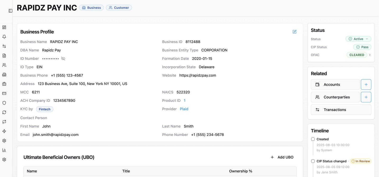 Business profile — UBOs, OFAC, timeline.