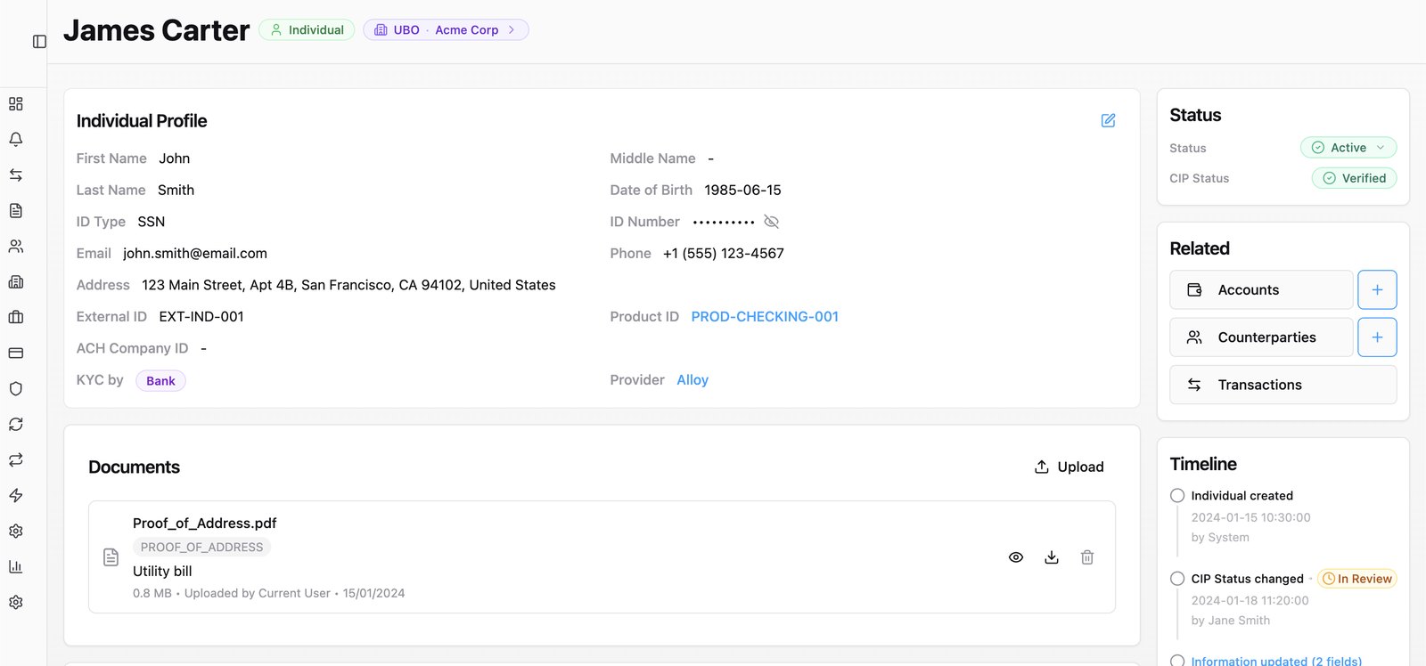 Individual profile — documents and KYC.