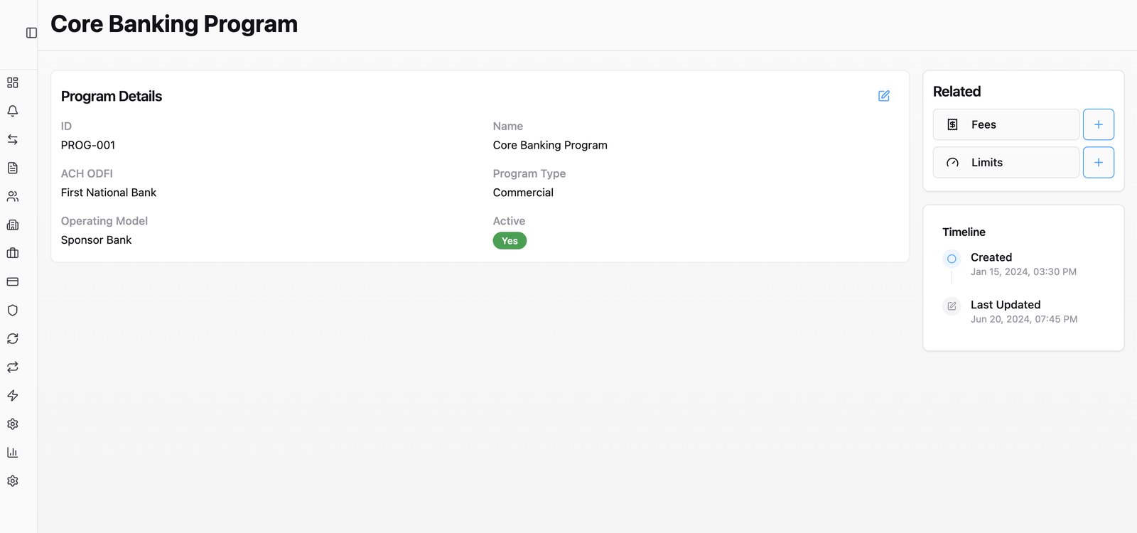 Program configuration — operating model, ODFI, and status.