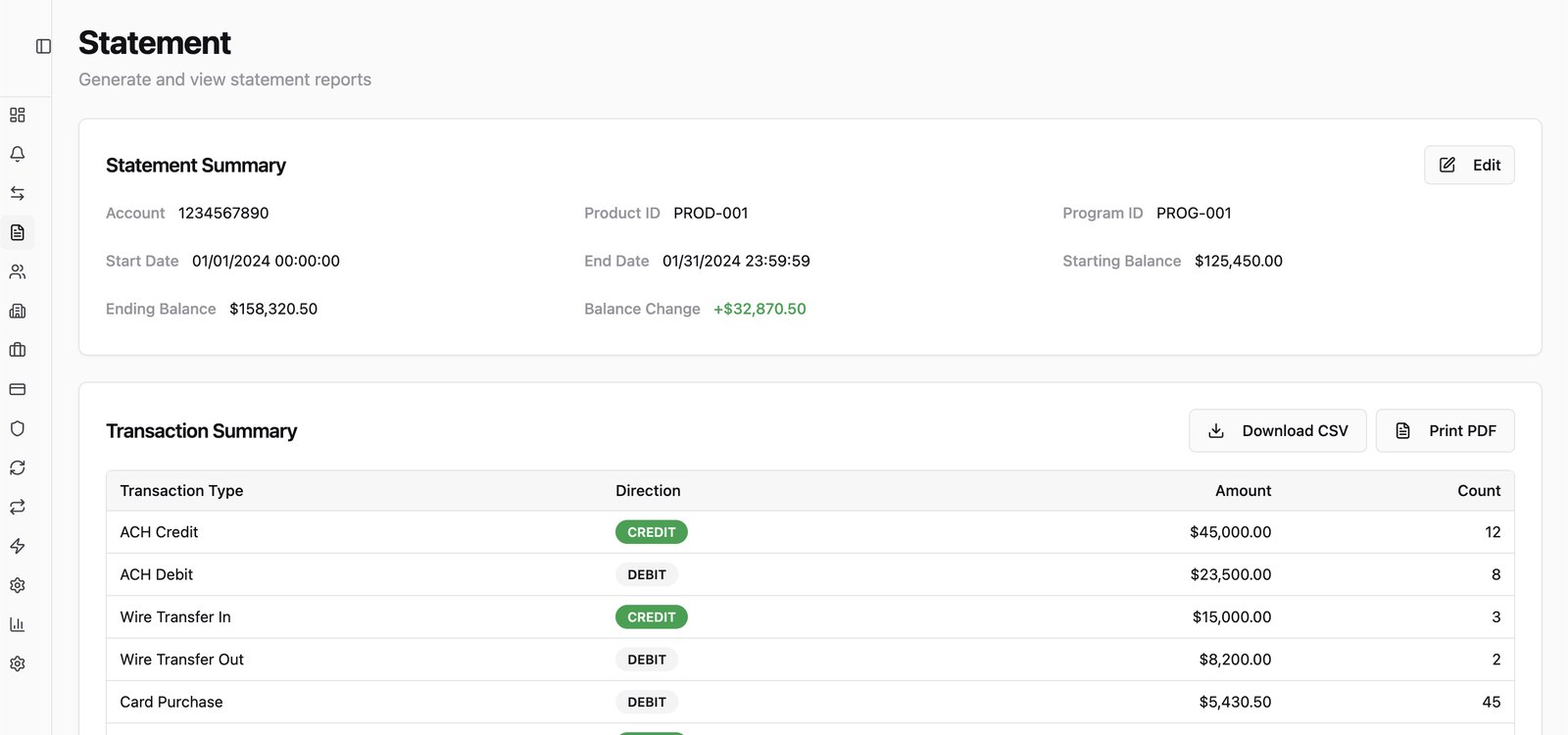 A generated statement — balances, balance change, and per-type transaction summary with CSV/PDF export.