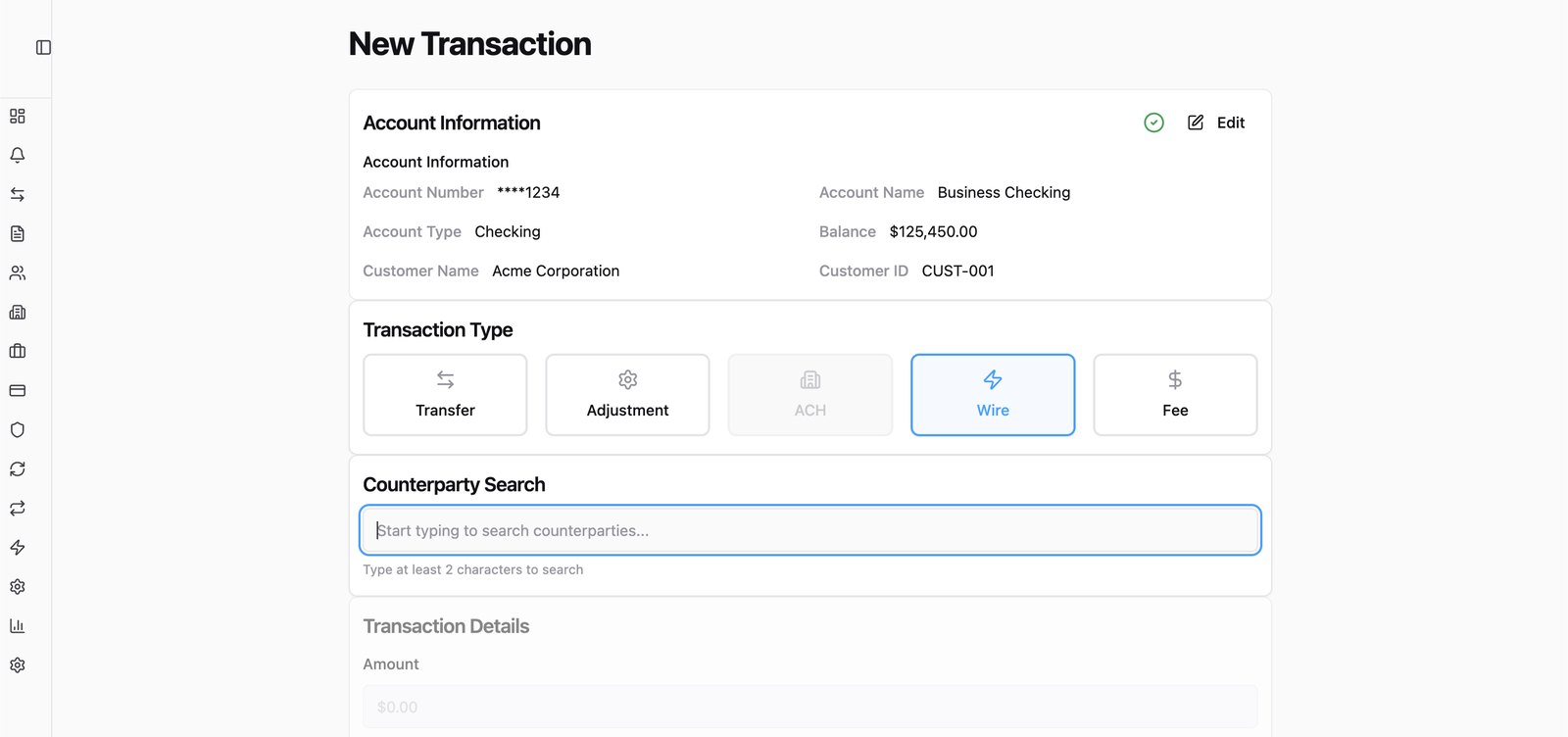 Creating a payment — transfer, adjustment, wire, or fee.