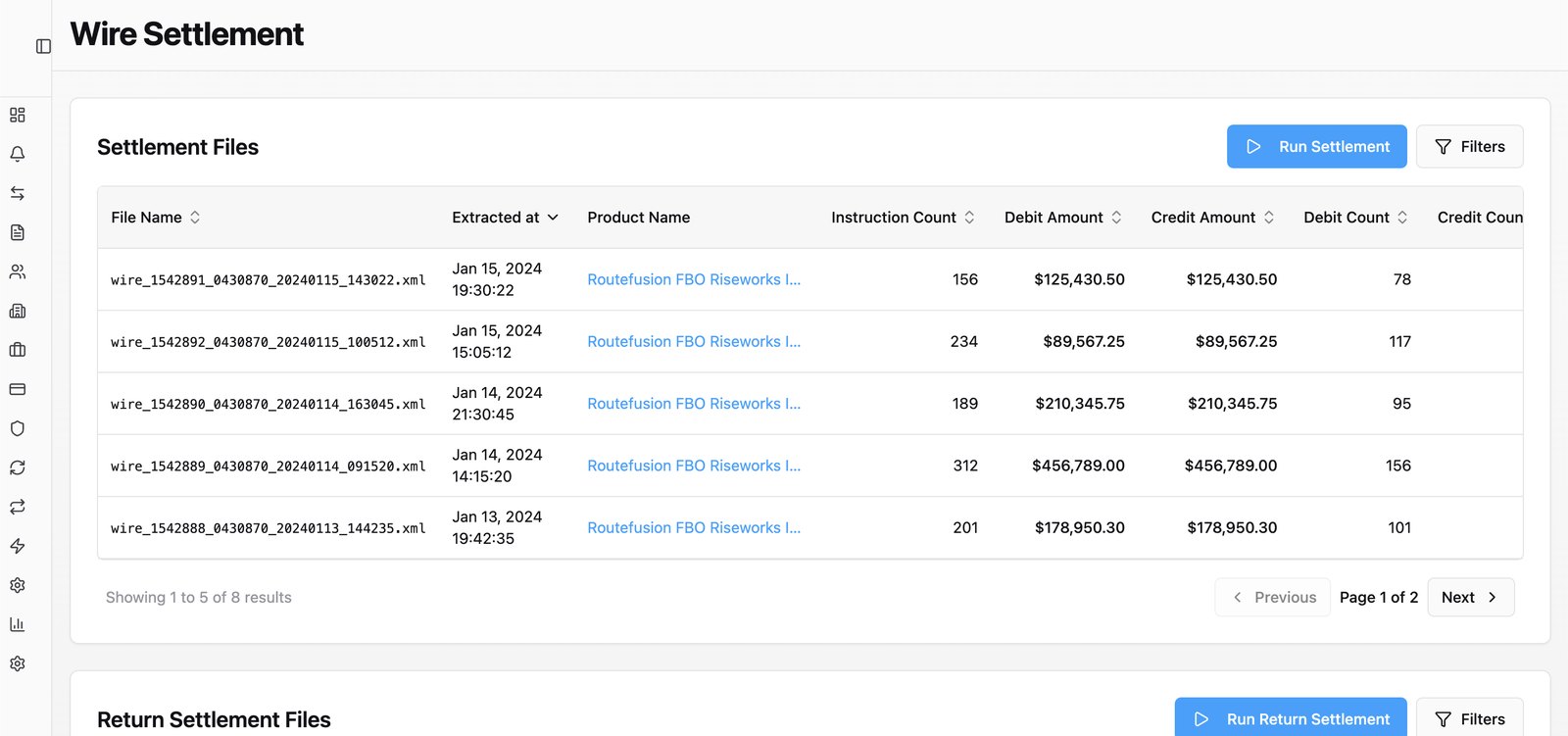 Wire settlement — run settlements and return files.