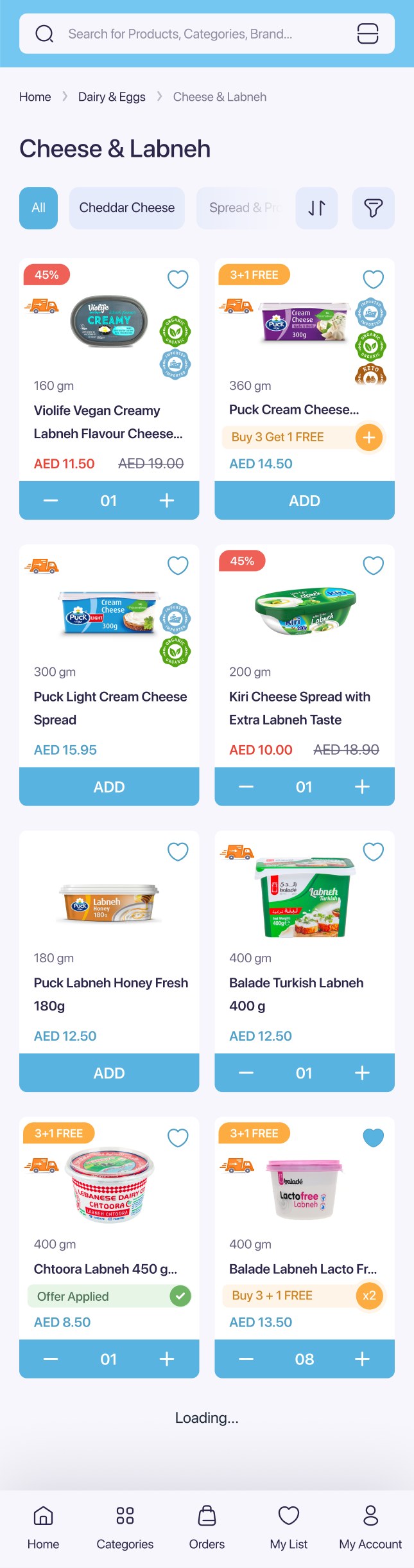 Marketplace listing — offers, deals, and quick add in the grid.