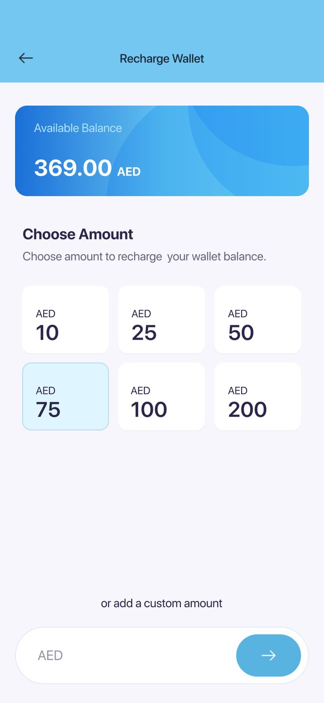 Recharging the wallet — preset or custom amounts.