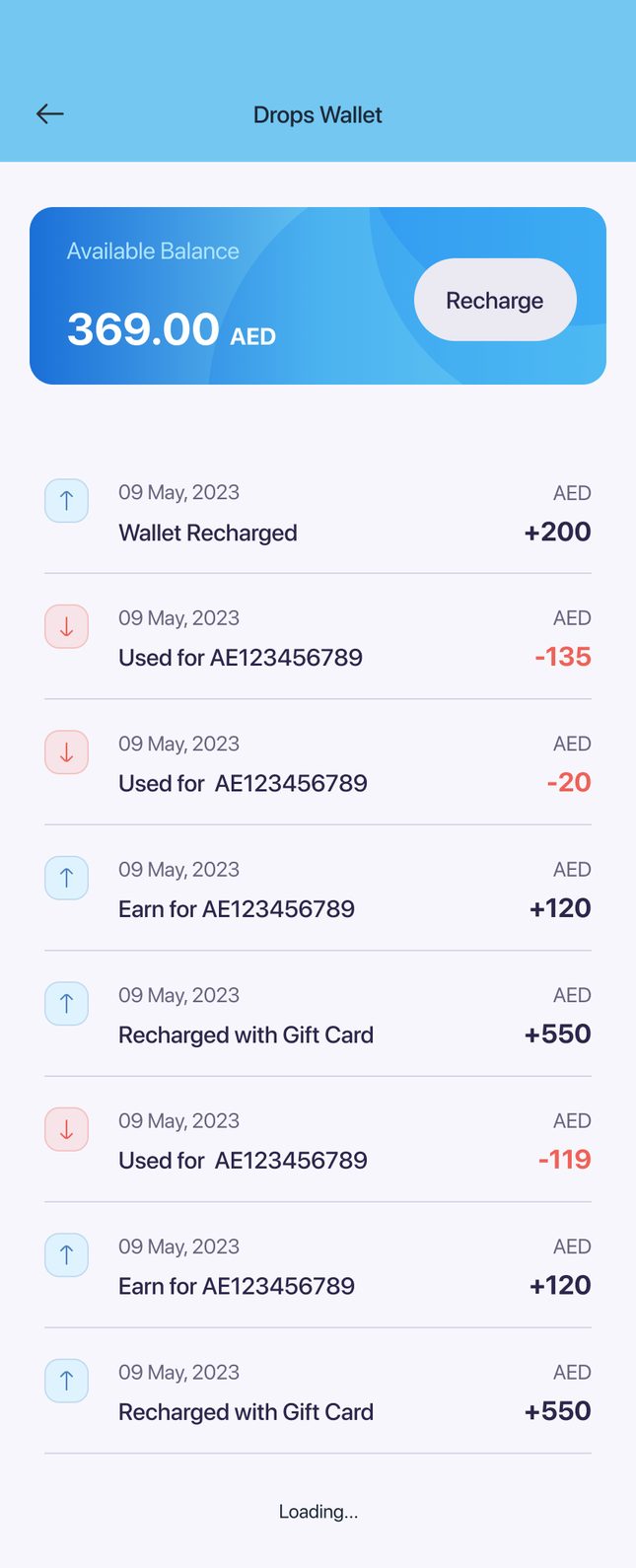 Drops Wallet — live balance, top-ups, and transaction history.