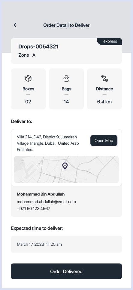 Delivery detail — address, map, and customer contact.
