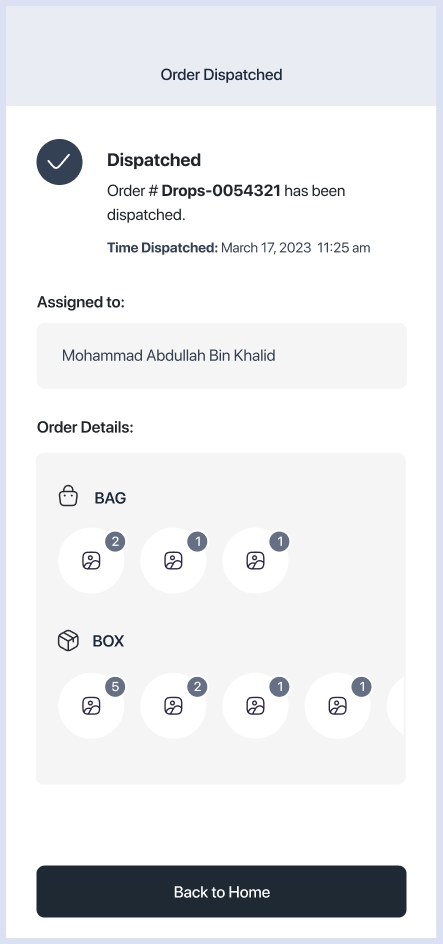 Dispatch confirmed with full order details.