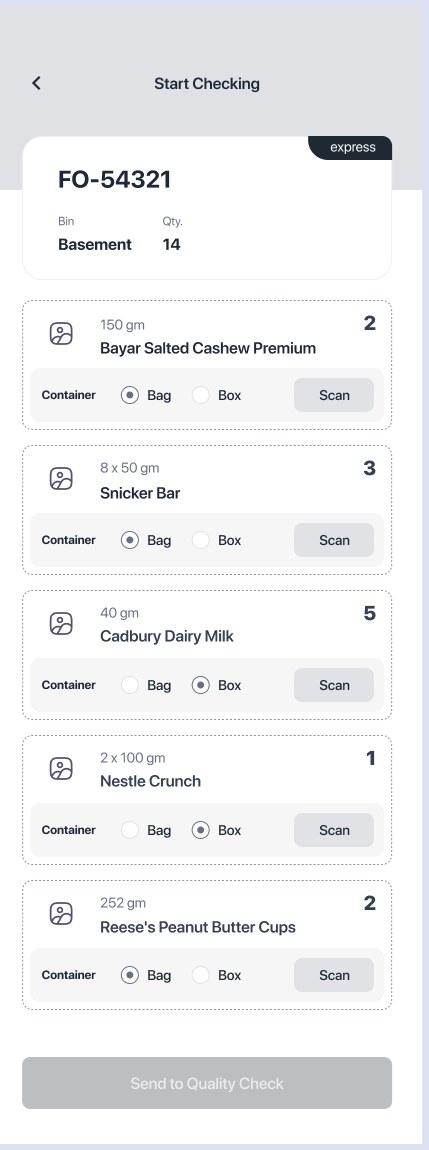 Item-by-item verification with per-container scanning.