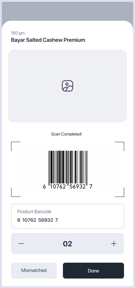 Barcode-verified picking with quantity controls.
