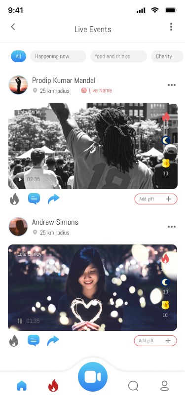 The nearby feed — live events around you, filtered by category.