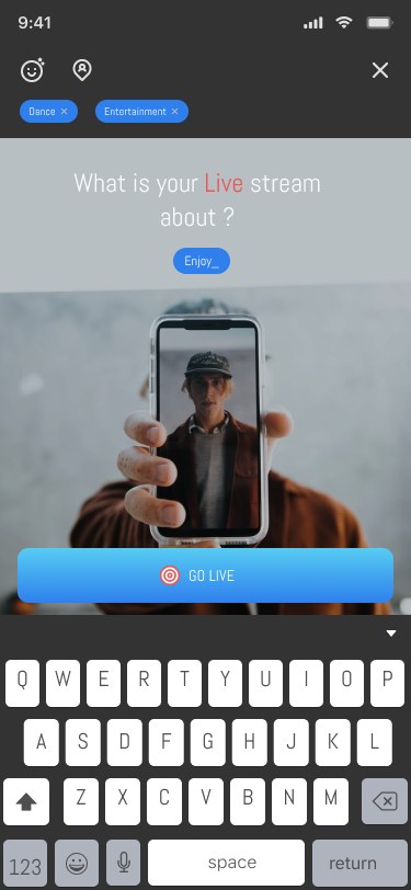 Going live — tagged streams broadcast to the nearby feed.