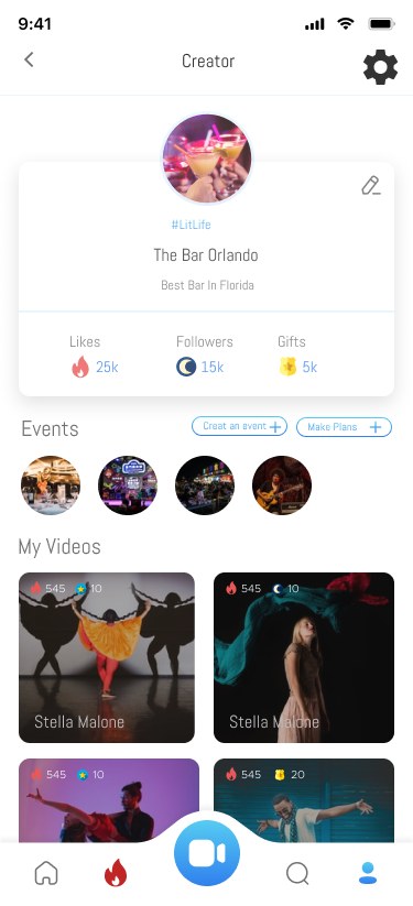 Creator profiles with events, videos, and followers.