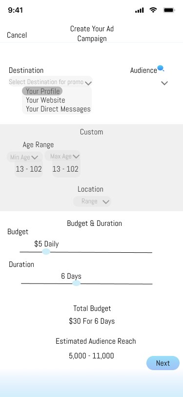 Campaign setup — destination, audience, budget, and duration.