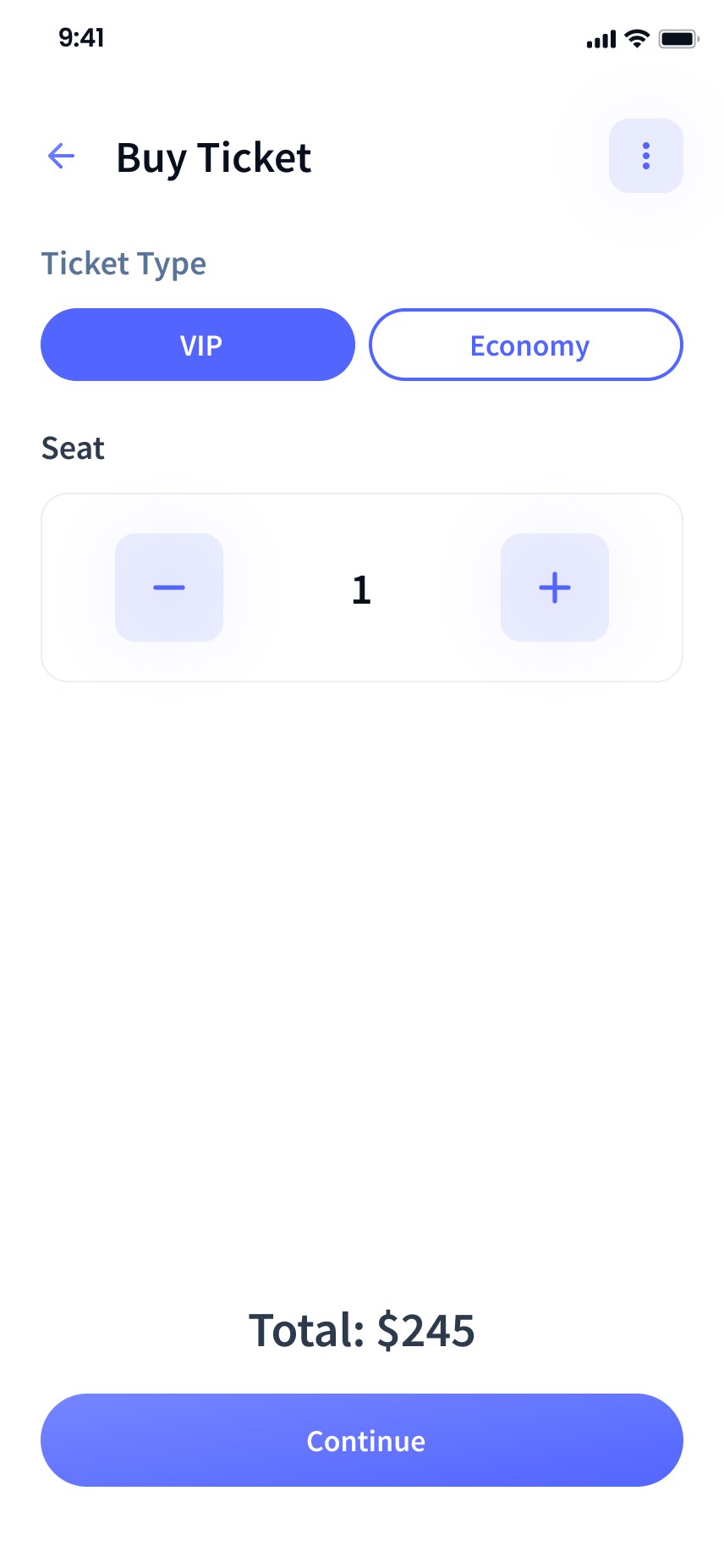 Buying a ticket — type, seats, and total.