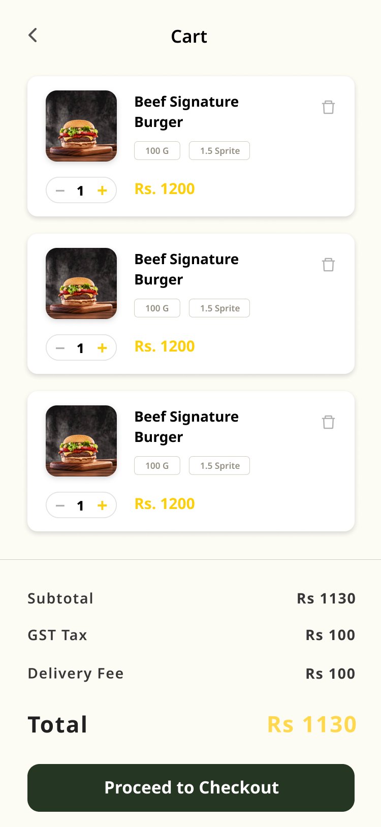Cart — quantities, notes, and totals.