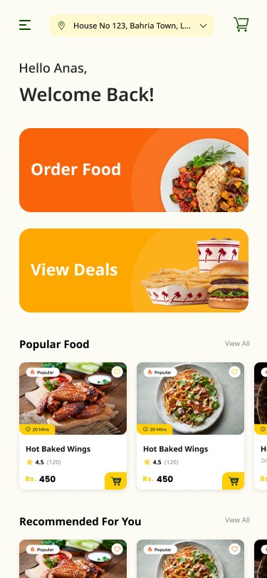 Home — categories, featured restaurants, and search.