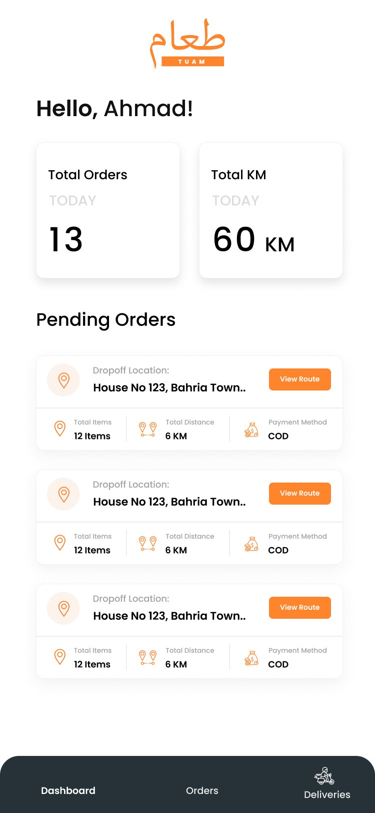Rider dashboard — today's totals and pending deliveries with routes.